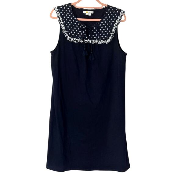 Boden Navy Sleeveless Shift Dress Sz 12 Embroidered Polka Dot Collar Tassel Tie - Picture 1 of 8
